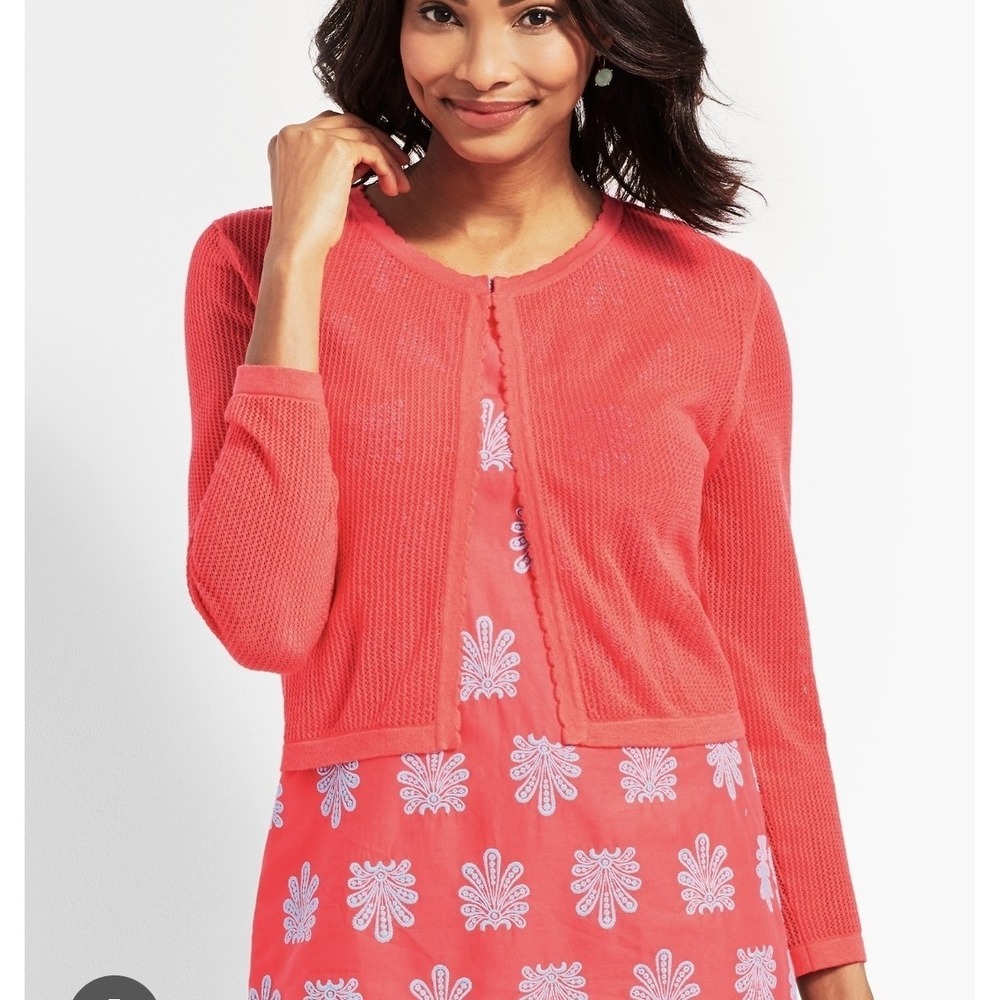 Talbots Coral Red Open Knit Cardigan Lightweight Scalloped Layering Sweater Sz L